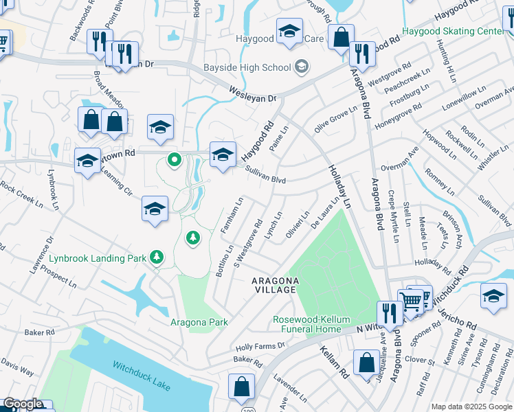 map of restaurants, bars, coffee shops, grocery stores, and more near 728 Bottino Lane in Virginia Beach