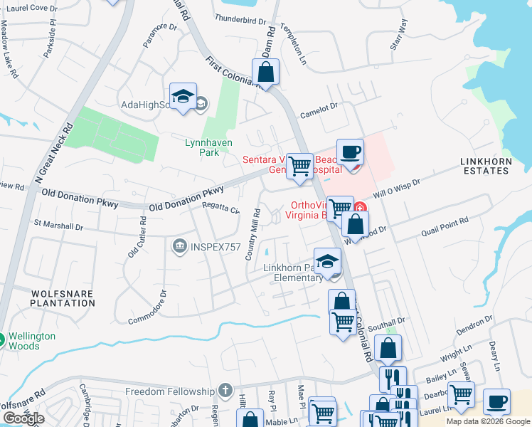 map of restaurants, bars, coffee shops, grocery stores, and more near 1009 Autumn Woods Lane in Virginia Beach