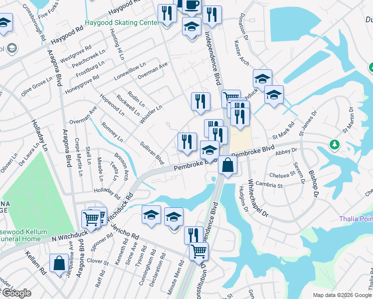 map of restaurants, bars, coffee shops, grocery stores, and more near 4630 Georgetown Place in Virginia Beach