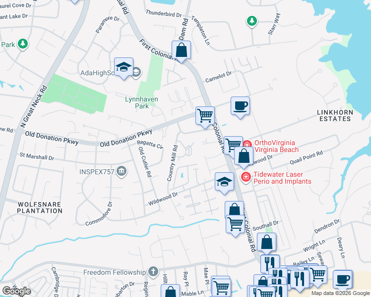 map of restaurants, bars, coffee shops, grocery stores, and more near 1020 Autumn Woods Lane in Virginia Beach