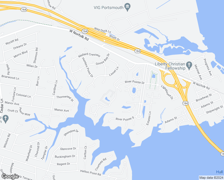 map of restaurants, bars, coffee shops, grocery stores, and more near 23 Creekside Drive in Portsmouth