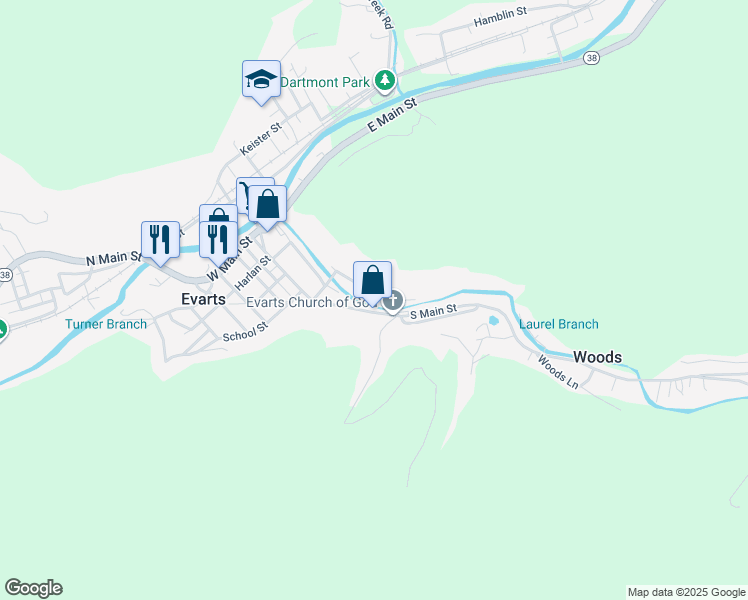 map of restaurants, bars, coffee shops, grocery stores, and more near 122 McCoy Street in Evarts