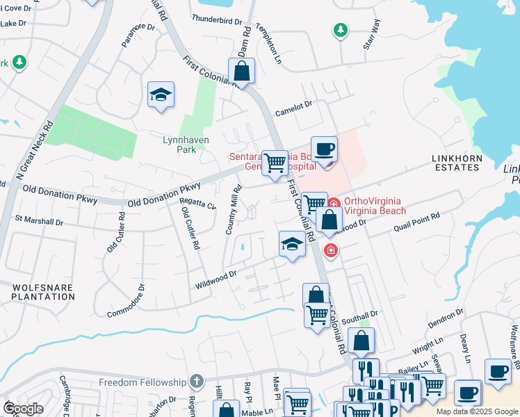 map of restaurants, bars, coffee shops, grocery stores, and more near 1020 Autumn Woods Lane in Virginia Beach