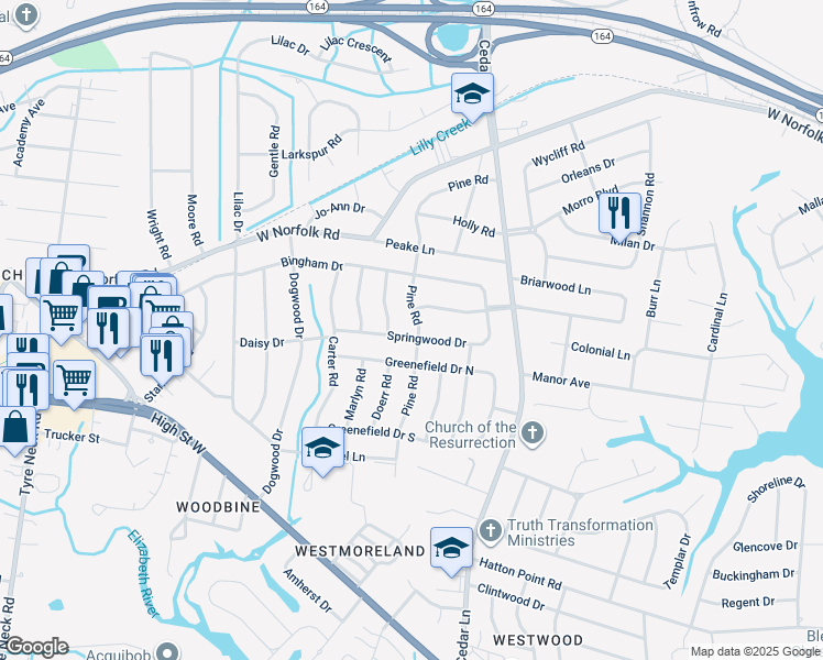 map of restaurants, bars, coffee shops, grocery stores, and more near 5600 Springwood Drive in Portsmouth