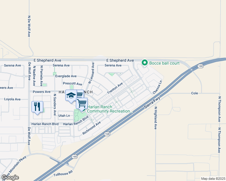 map of restaurants, bars, coffee shops, grocery stores, and more near 4011 Harlan Ranch Boulevard in Clovis