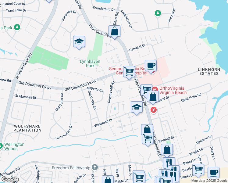 map of restaurants, bars, coffee shops, grocery stores, and more near 1069 Country Mill Road in Virginia Beach