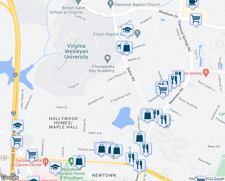 map of restaurants, bars, coffee shops, grocery stores, and more near 601 Winding Way in Virginia Beach