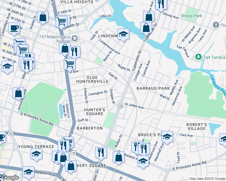 map of restaurants, bars, coffee shops, grocery stores, and more near 1536 Dungee Street in Norfolk