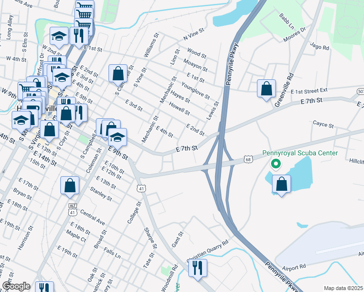 map of restaurants, bars, coffee shops, grocery stores, and more near 1108 East 7th Street in Hopkinsville