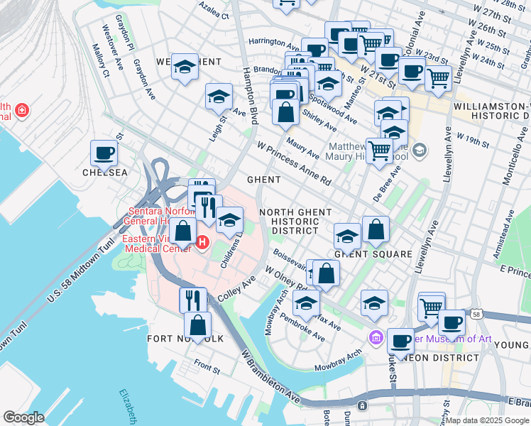 map of restaurants, bars, coffee shops, grocery stores, and more near 816 Colley Avenue in Norfolk
