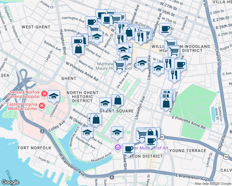 map of restaurants, bars, coffee shops, grocery stores, and more near 472 Westover Mews in Norfolk