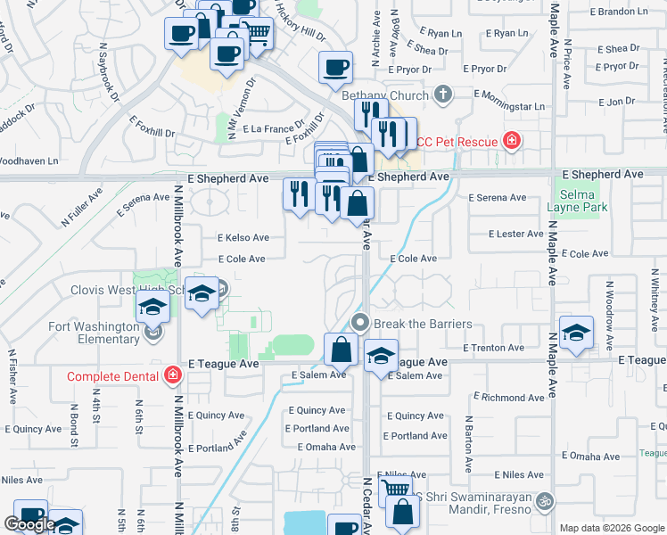 map of restaurants, bars, coffee shops, grocery stores, and more near 8735 North Cedar Avenue in Fresno