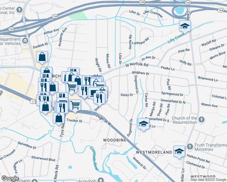 map of restaurants, bars, coffee shops, grocery stores, and more near 3303 Stamford Road in Portsmouth