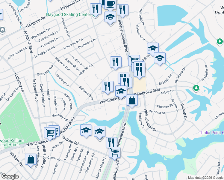 map of restaurants, bars, coffee shops, grocery stores, and more near 4631 Georgetown Place in Virginia Beach