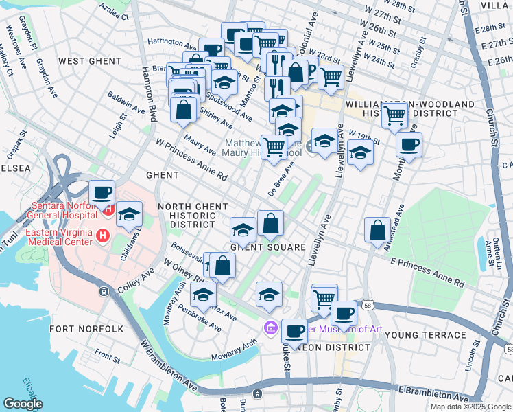 map of restaurants, bars, coffee shops, grocery stores, and more near 441 Westover Mews in Norfolk