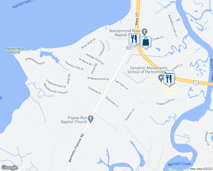 map of restaurants, bars, coffee shops, grocery stores, and more near 5556 Bennetts Pasture Road in Suffolk