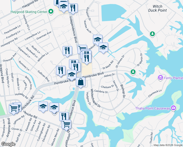 map of restaurants, bars, coffee shops, grocery stores, and more near 4504 Whitechapel Court in Virginia Beach