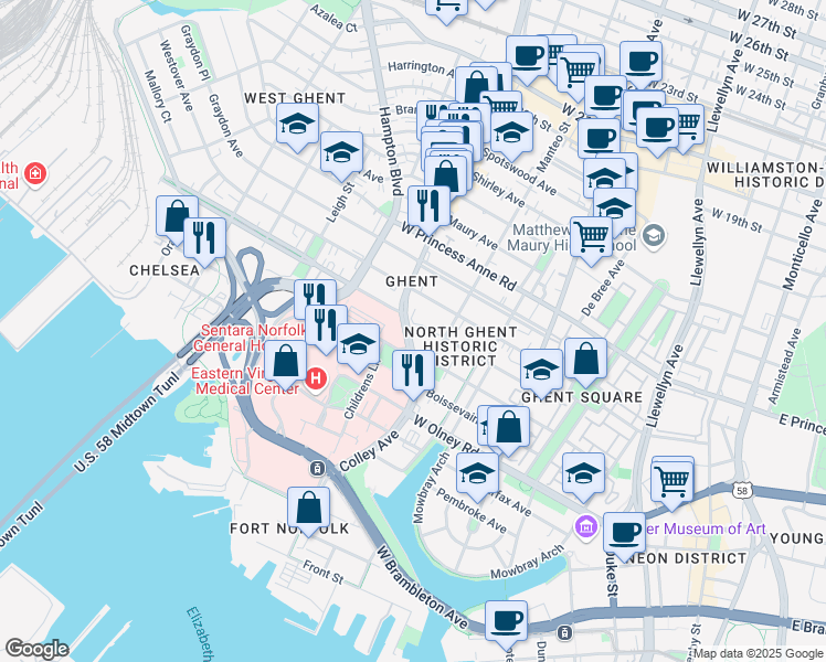 map of restaurants, bars, coffee shops, grocery stores, and more near 816 Colley Avenue in Norfolk