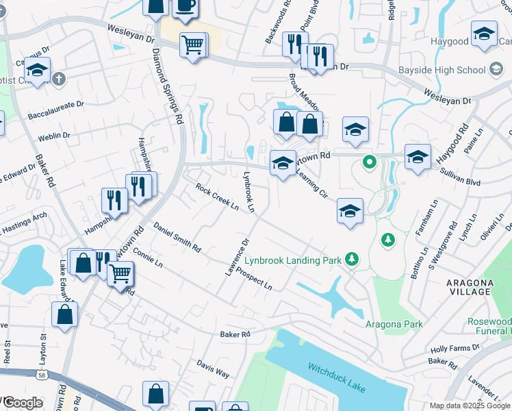 map of restaurants, bars, coffee shops, grocery stores, and more near 5512 Lynbrook Landing in Virginia Beach