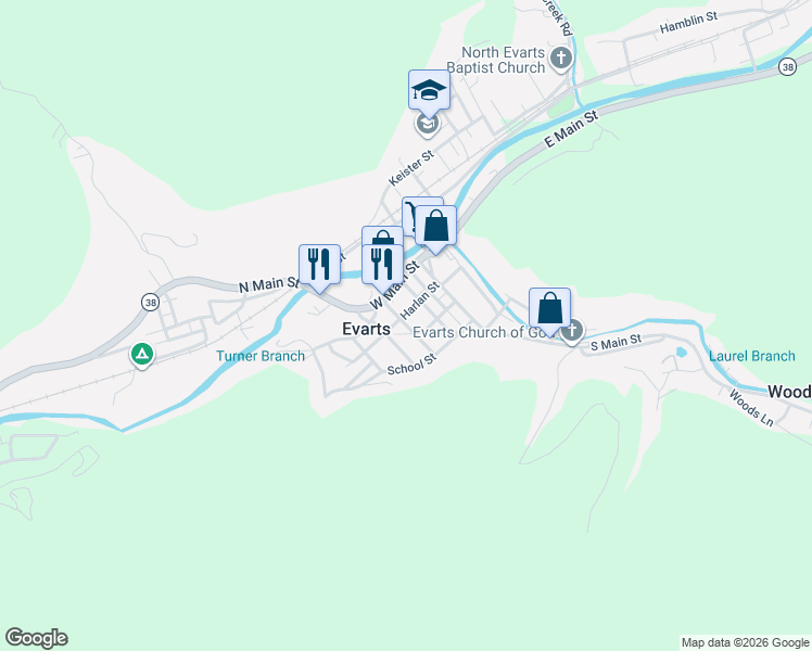 map of restaurants, bars, coffee shops, grocery stores, and more near 104 Fox Street in Evarts