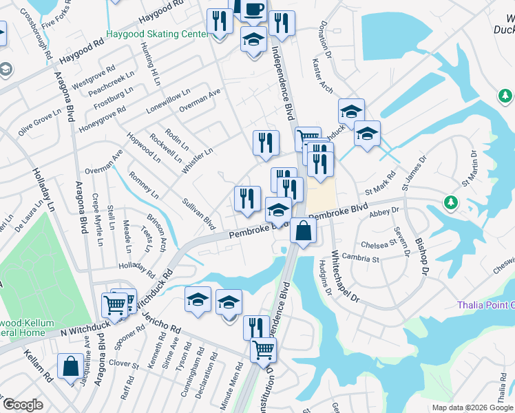 map of restaurants, bars, coffee shops, grocery stores, and more near 4631 Georgetown Place in Virginia Beach