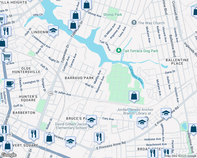 map of restaurants, bars, coffee shops, grocery stores, and more near 2326 Reservoir Avenue in Norfolk