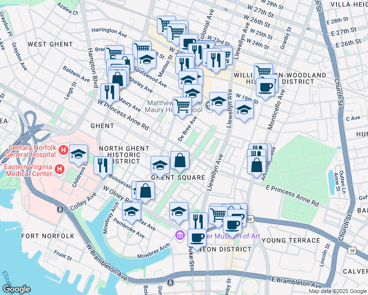 map of restaurants, bars, coffee shops, grocery stores, and more near 424 West Princess Anne Road in Norfolk