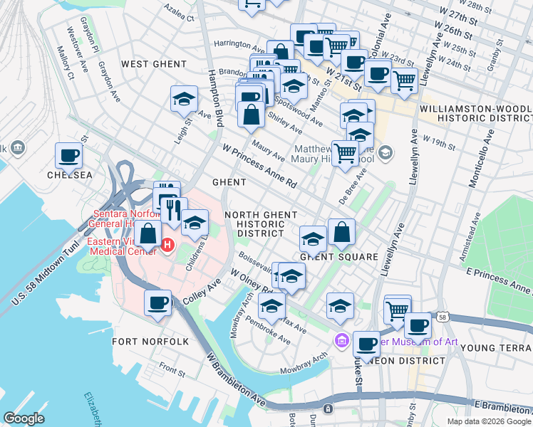 map of restaurants, bars, coffee shops, grocery stores, and more near 616 Redgate Avenue in Norfolk