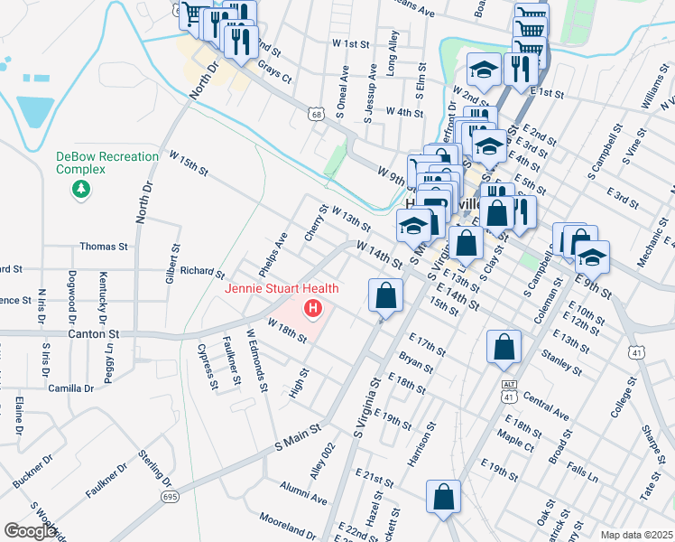 map of restaurants, bars, coffee shops, grocery stores, and more near 100 West 16th Street in Hopkinsville