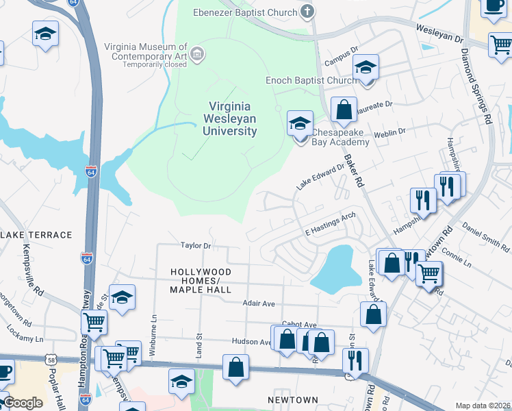 map of restaurants, bars, coffee shops, grocery stores, and more near 5952 Blackpoole Lane in Virginia Beach