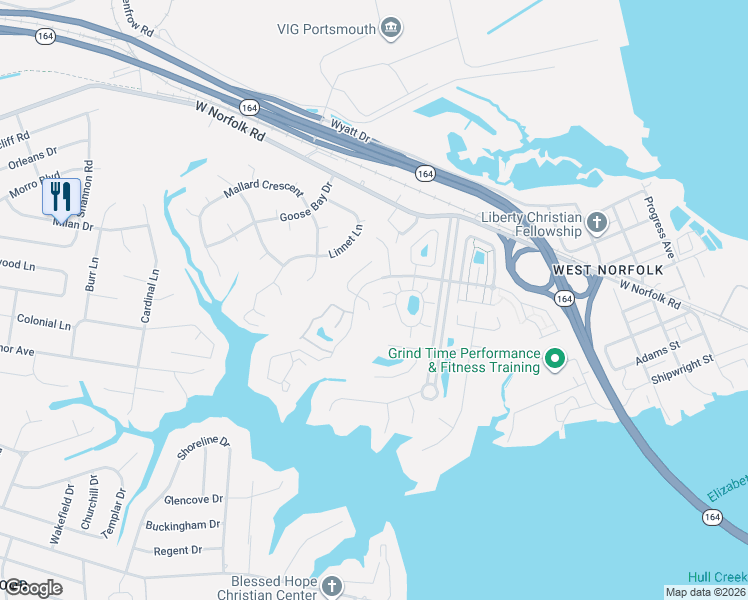 map of restaurants, bars, coffee shops, grocery stores, and more near 3823 Meherrin River Reach in Portsmouth
