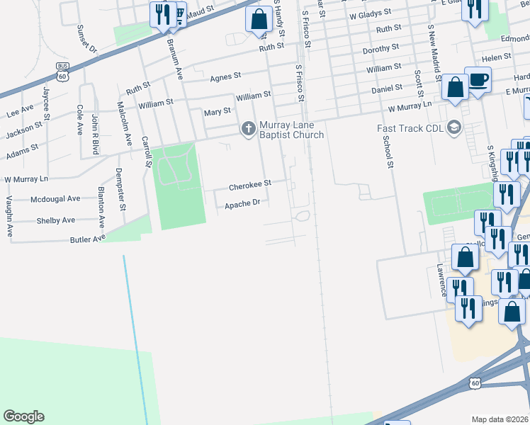 map of restaurants, bars, coffee shops, grocery stores, and more near 801-899 Cotton Ridge Drive in Sikeston