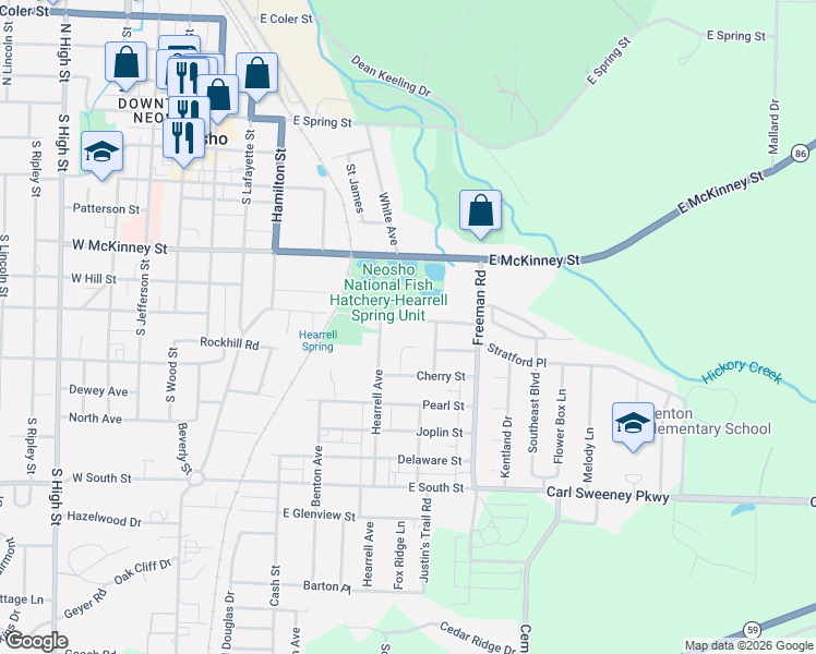 map of restaurants, bars, coffee shops, grocery stores, and more near 612 Jackson Avenue in Neosho