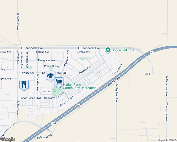 map of restaurants, bars, coffee shops, grocery stores, and more near 4051 Harlan Ranch Boulevard in Clovis
