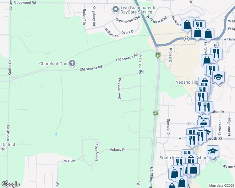 map of restaurants, bars, coffee shops, grocery stores, and more near 4033 Deer Ridge Road in Neosho
