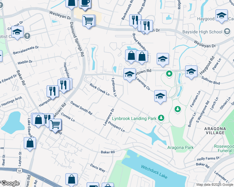map of restaurants, bars, coffee shops, grocery stores, and more near 5512 Lynbrook Landing in Virginia Beach