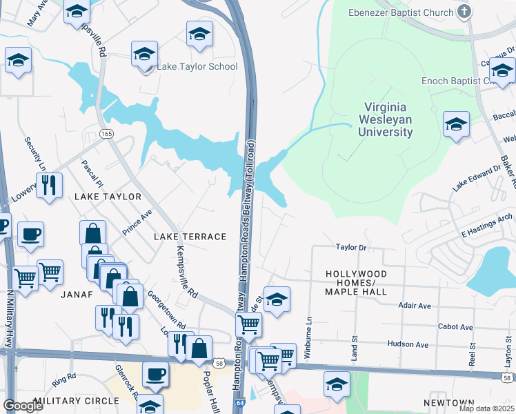 map of restaurants, bars, coffee shops, grocery stores, and more near 1253 Lake Taylor Drive in Norfolk