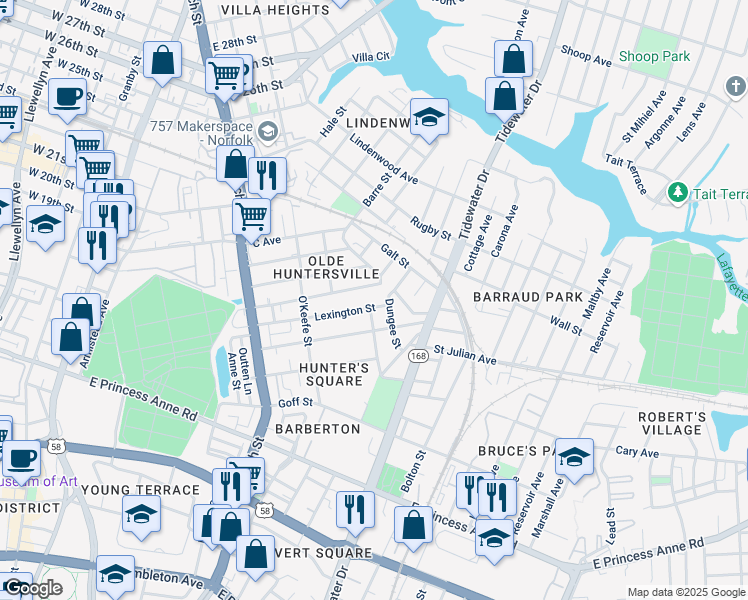 map of restaurants, bars, coffee shops, grocery stores, and more near 1525 Proescher Street in Norfolk