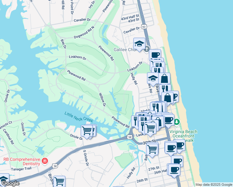 map of restaurants, bars, coffee shops, grocery stores, and more near 507 West Holly Road in Virginia Beach