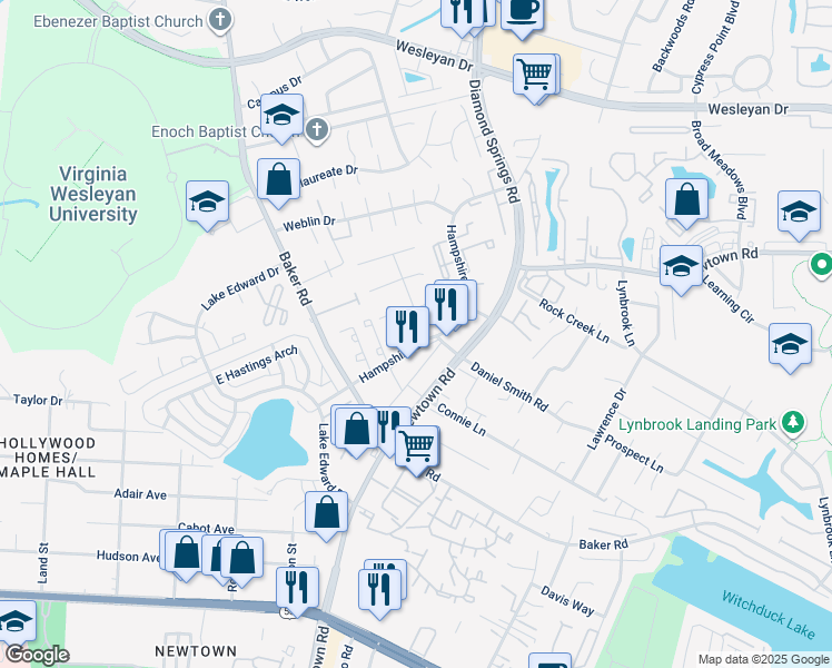 map of restaurants, bars, coffee shops, grocery stores, and more near 705 Hampshire Place in Virginia Beach