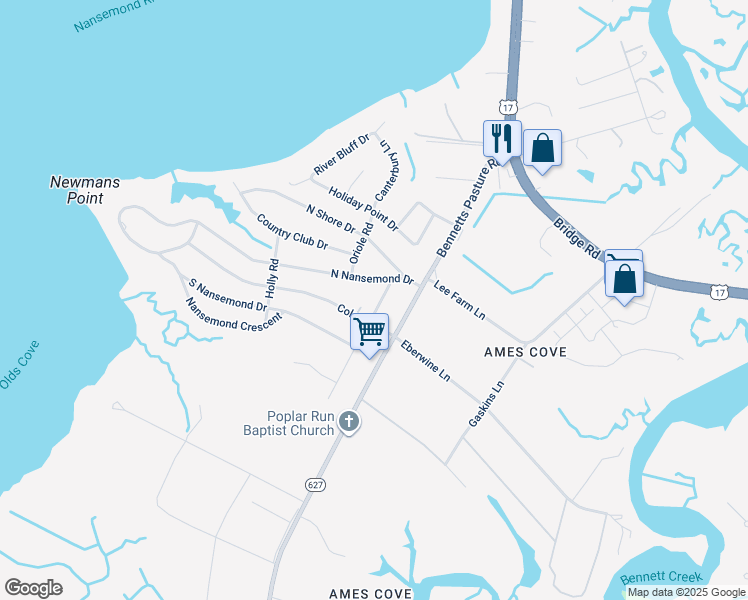 map of restaurants, bars, coffee shops, grocery stores, and more near 5525 Cavalier Road in Suffolk