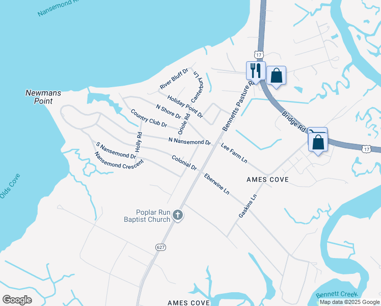 map of restaurants, bars, coffee shops, grocery stores, and more near 5525 Cavalier Road in Suffolk