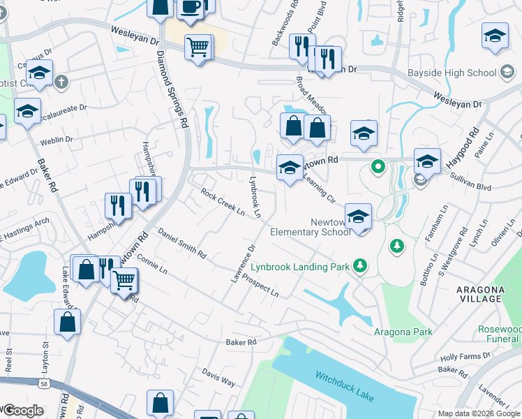 map of restaurants, bars, coffee shops, grocery stores, and more near 5514 Lynbrook Landing in Virginia Beach
