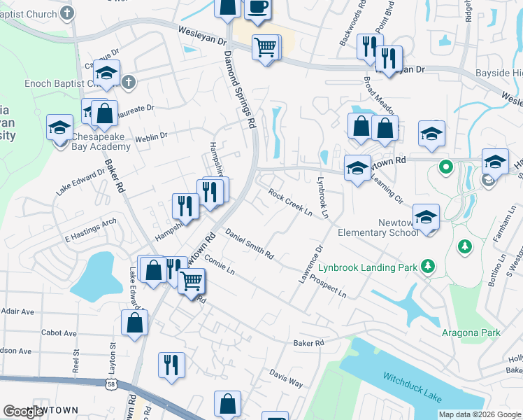 map of restaurants, bars, coffee shops, grocery stores, and more near 705 Rocky Run Court in Virginia Beach