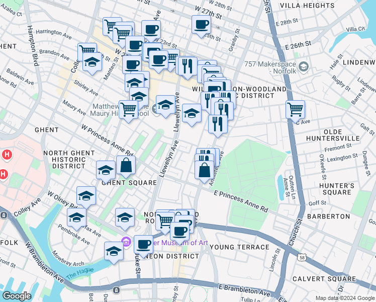 map of restaurants, bars, coffee shops, grocery stores, and more near 1409 Queens Way in Norfolk