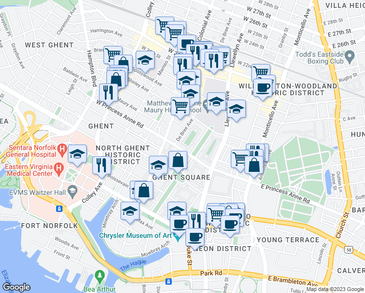 map of restaurants, bars, coffee shops, grocery stores, and more near 424 West Princess Anne Road in Norfolk