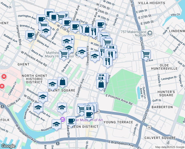 map of restaurants, bars, coffee shops, grocery stores, and more near 1409 Queens Way in Norfolk