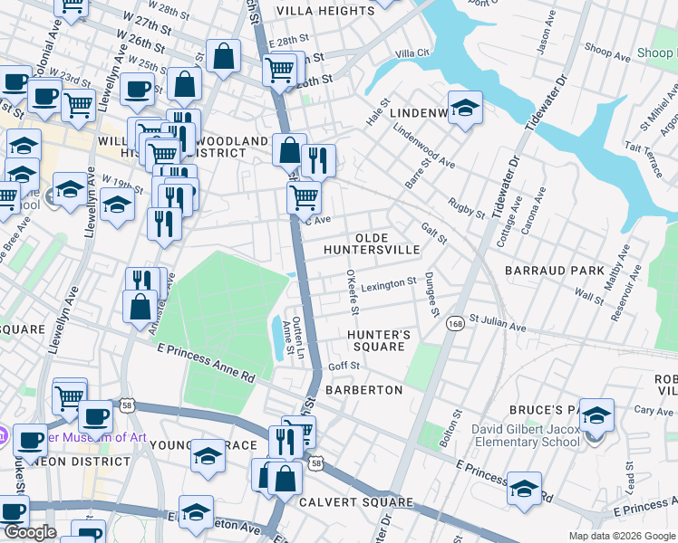 map of restaurants, bars, coffee shops, grocery stores, and more near 774 Lexington Street in Norfolk