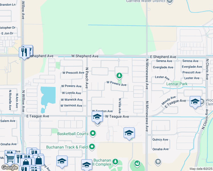 map of restaurants, bars, coffee shops, grocery stores, and more near 1744 North Homsy Avenue in Clovis