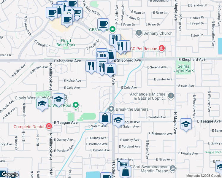 map of restaurants, bars, coffee shops, grocery stores, and more near 8665 North Cedar Avenue in Fresno